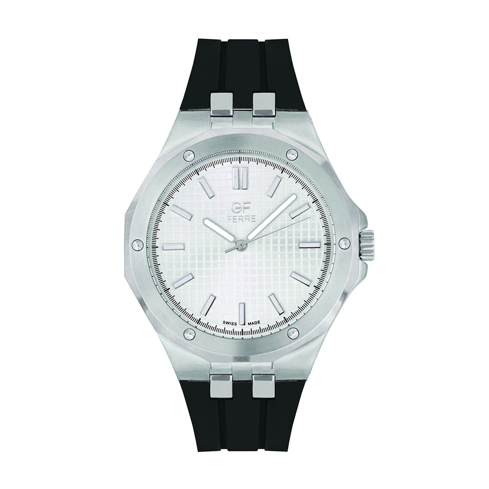 GF Ferre Men's White Dial Silver Watch Black Leather Strap GFSS8161G