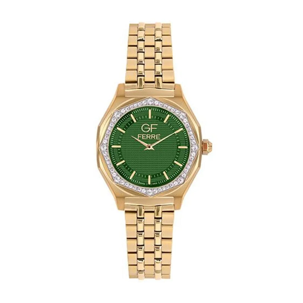 GF Ferre Women's Green Dial Gold Plated Zircon Watch GFGPGN8064LZ
