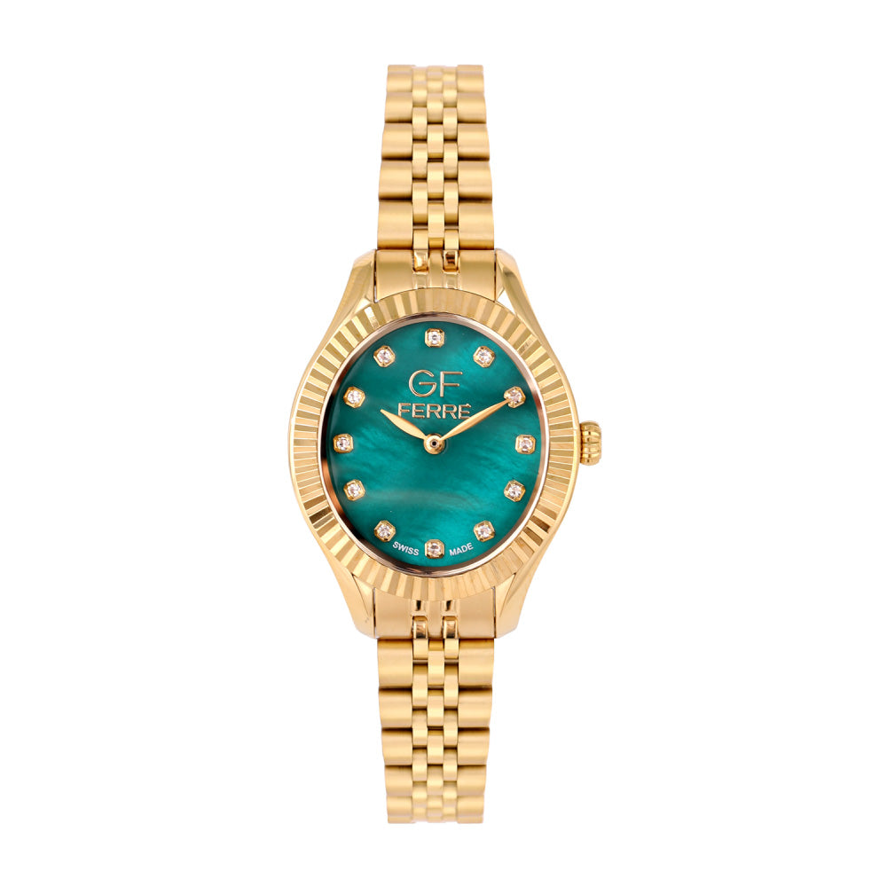 GF Ferre Women's Green Dial Gold Plated Zircon Watch GFGPN8063LZ