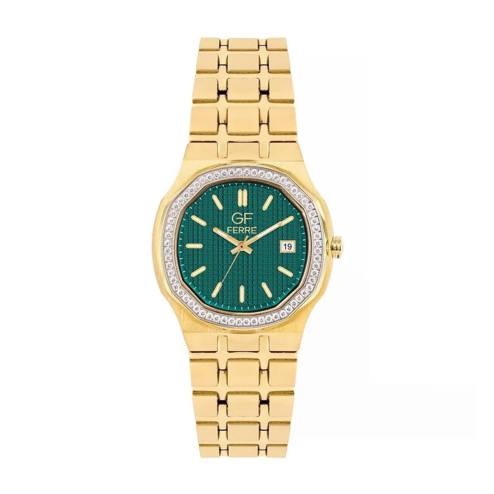 GF Ferre Women's Green Dial Gold Plated Zircon Watch GFGPN8067LZ