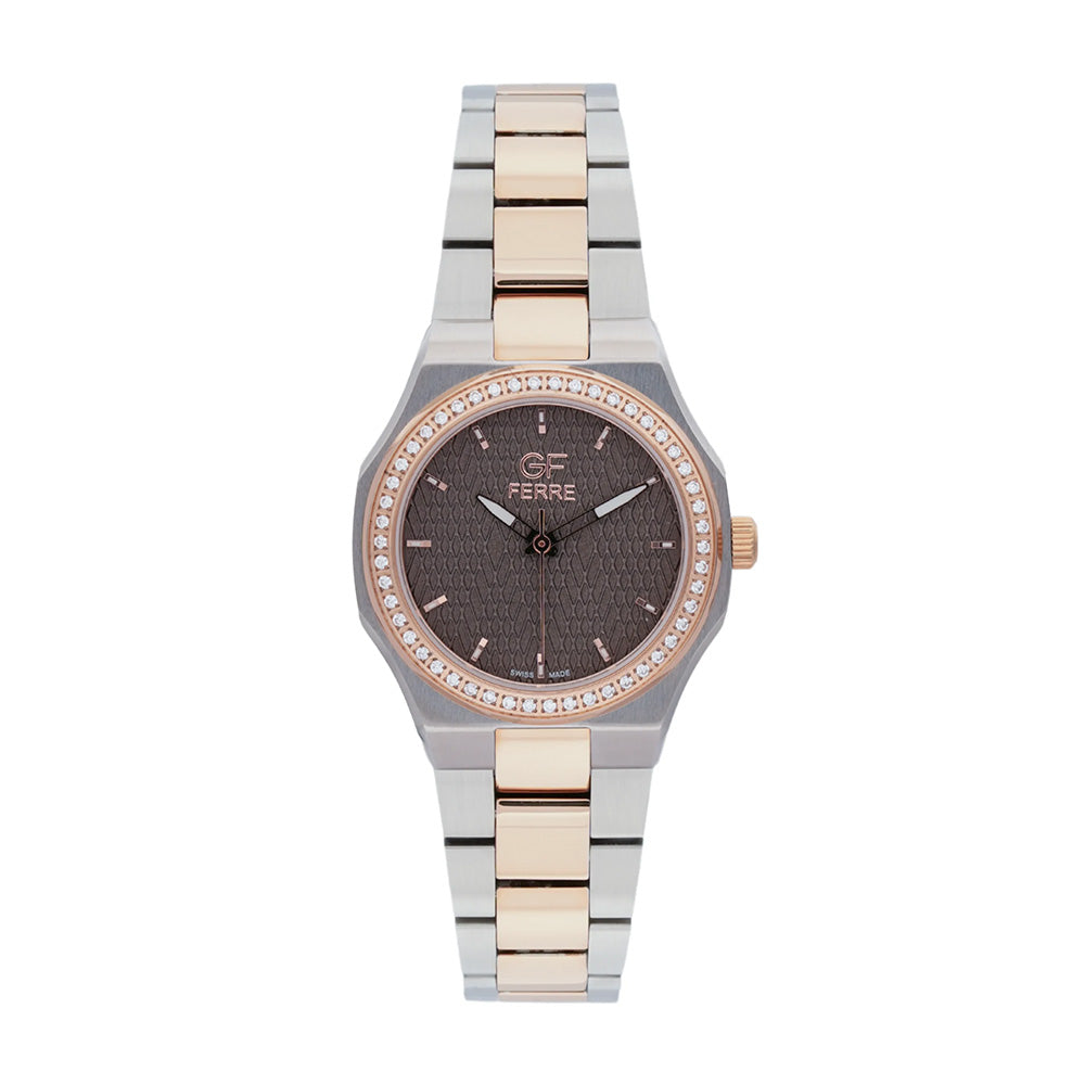 GF Ferre Women's Grey Dial Two-Tone Rose Gold Zircon Watch GFTTRG6015L