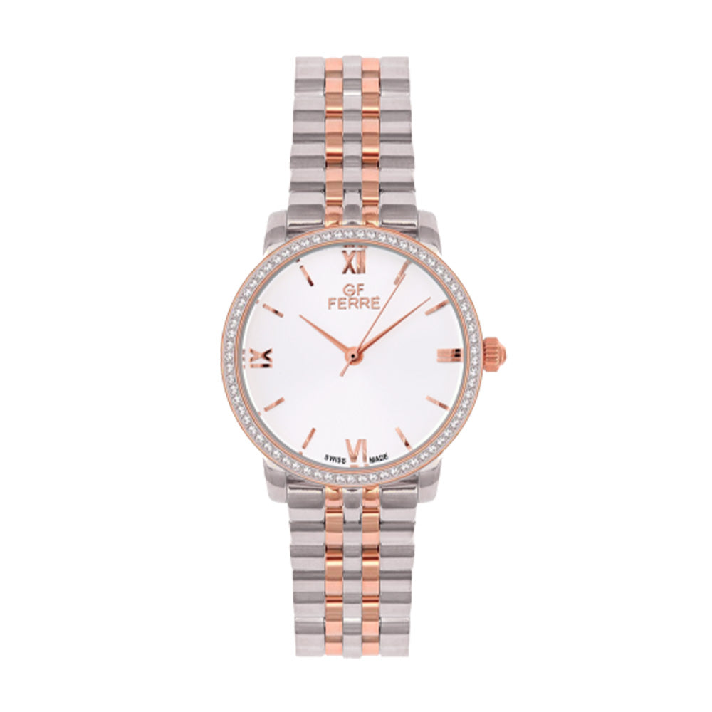 GF Ferre Women's Silver Dial Two-Tone Rose Gold Zircon Watch GFTR1344LZ