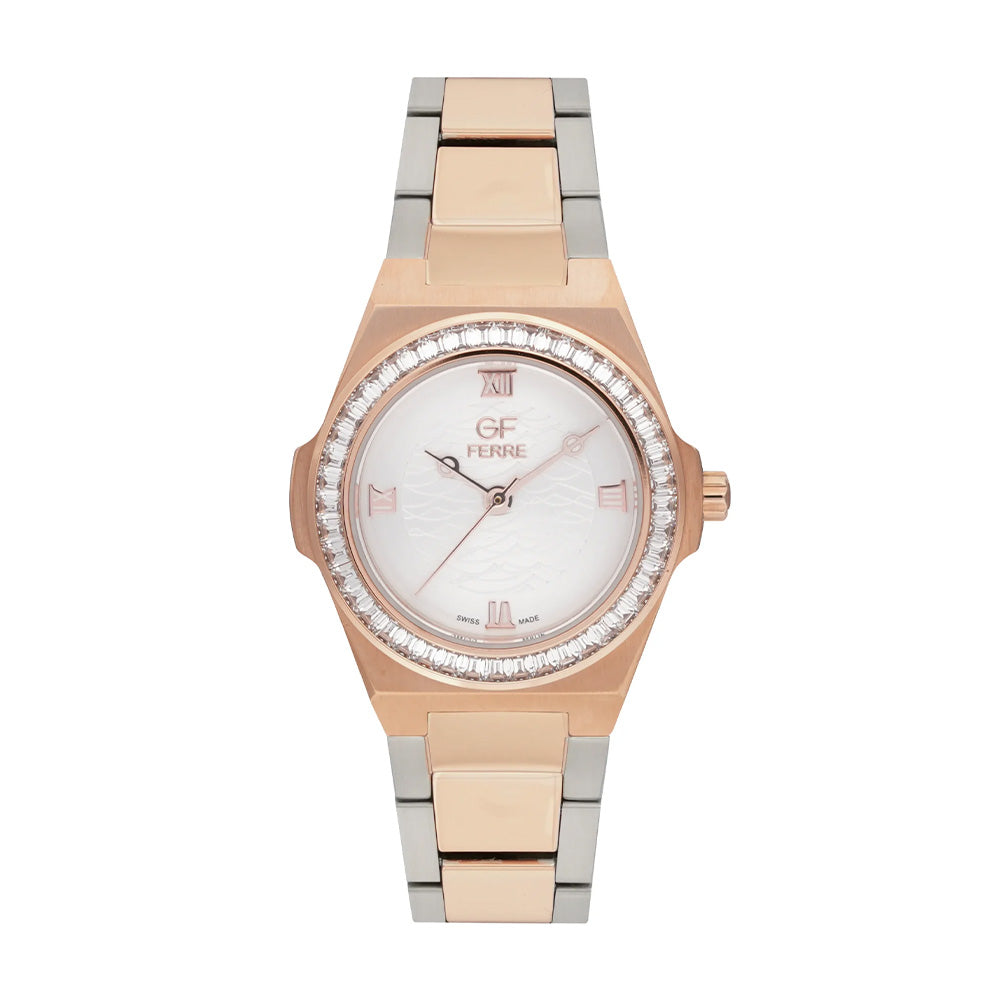 GF Ferre Women's White Dial Two-Tone Rose Gold Zircon Watch GFTR6004LZ