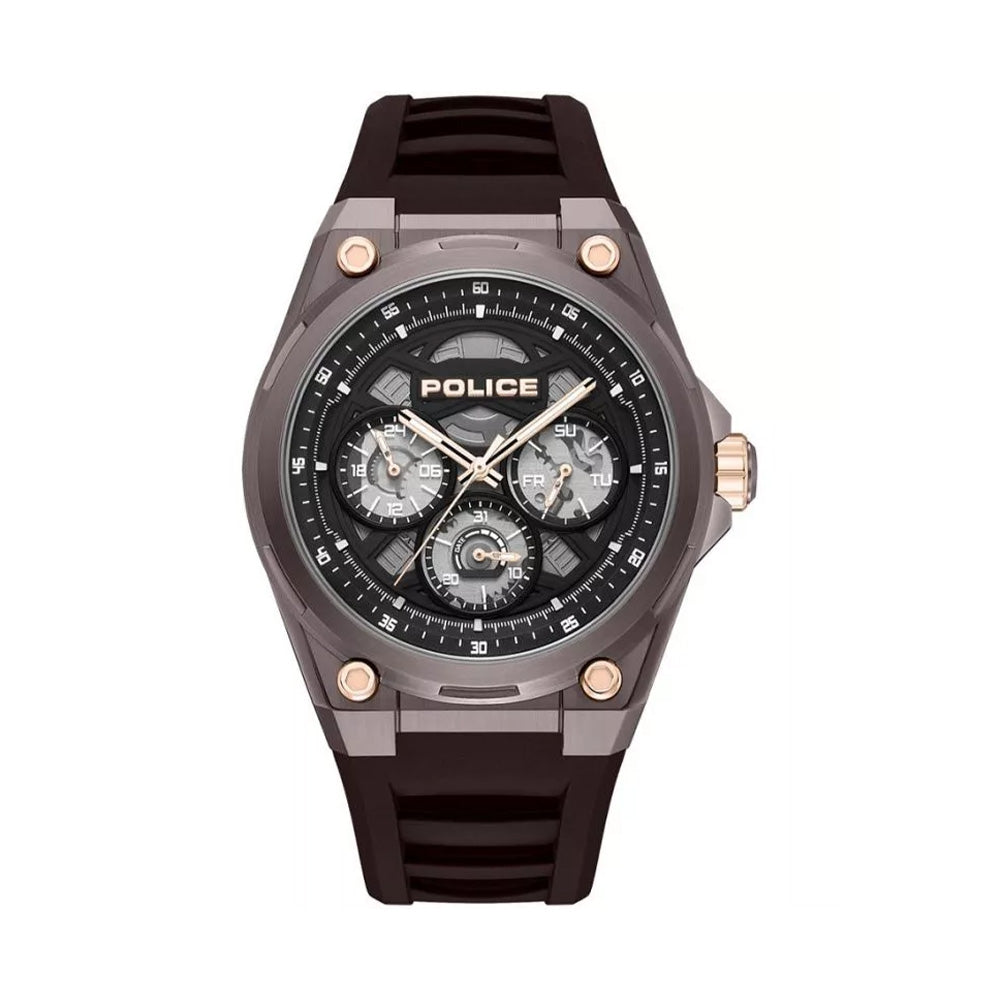 Police Dominion Black Dial Brown Silicone Strap Mens Watch PEWGQ0093801
