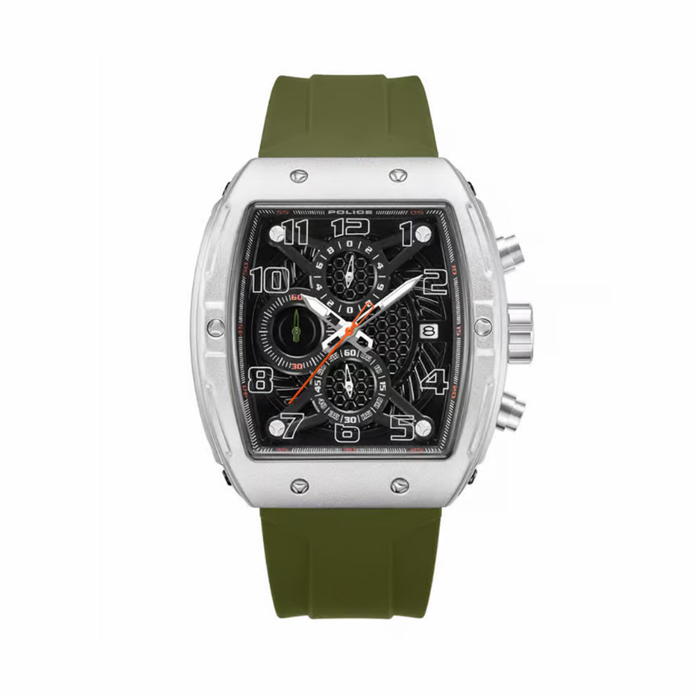 Police Rock Rebel Quartz Chronograph Black Dial Green Silicone Strap Mens Watch PEWGO0063104